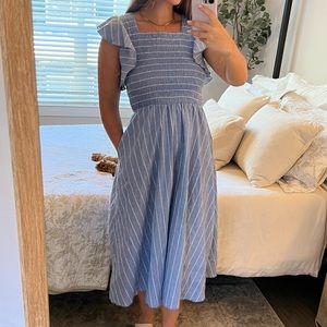 Blue and white striped midi dress